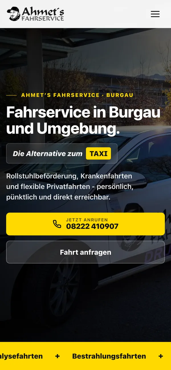Website von Ahmet's Fahrservice, am Telefon