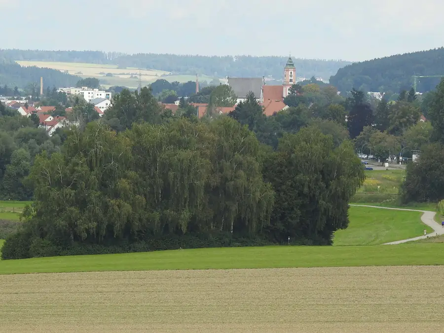 Blick über Wiesen und Wald auf Krumbach