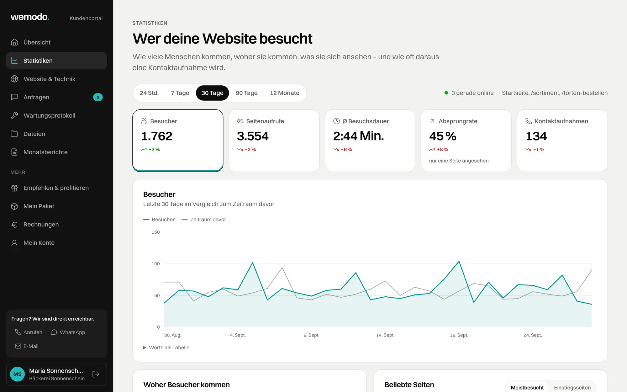 Statistikseite des Portals: Besucherverlauf über 30 Tage, Herkunft der Besucher nach Kanal und die meistbesuchten Seiten