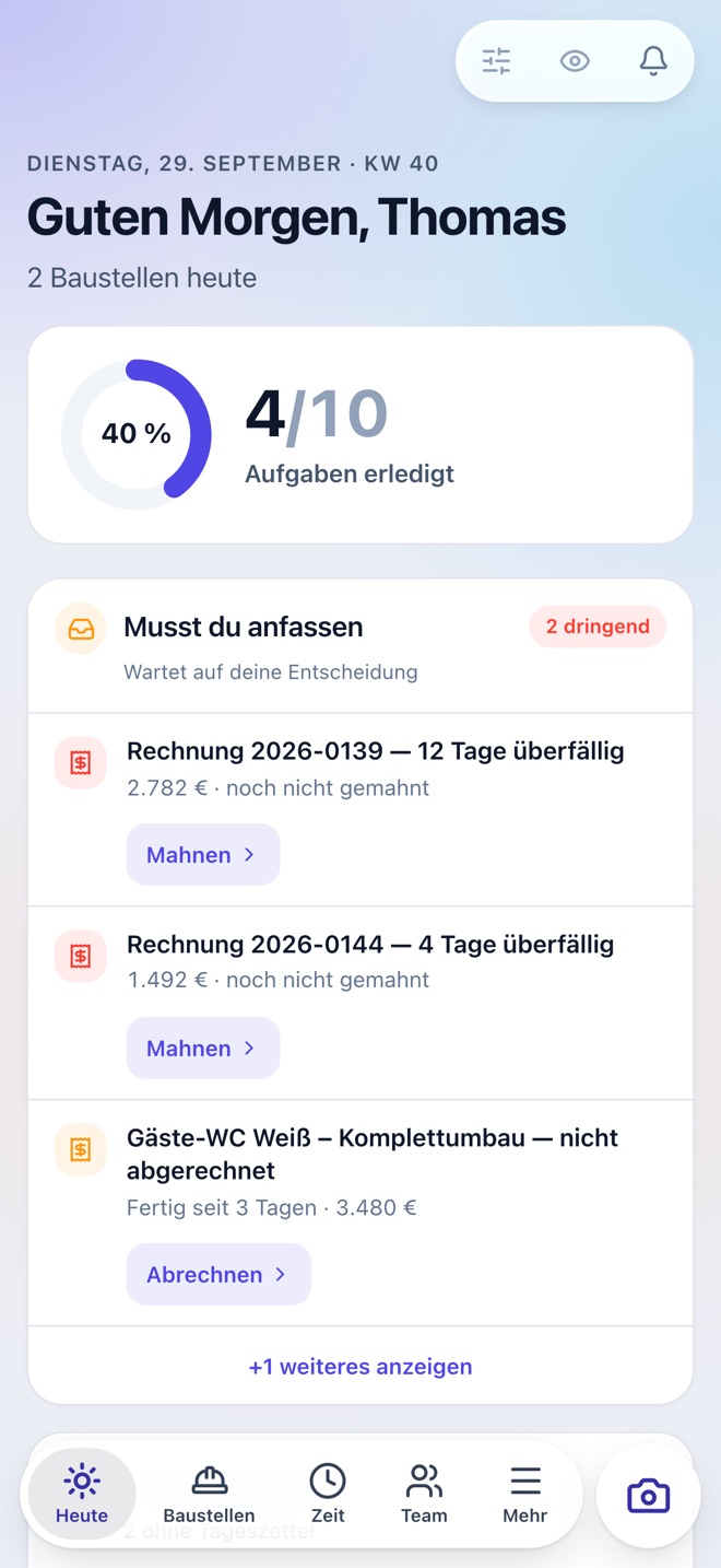 Werkerly: Tagesübersicht des Chefs mit offenen Rechnungen und erledigten Aufgaben